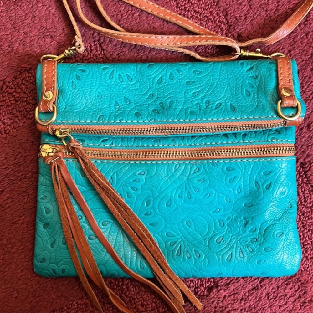 Turquoise Tooled Italian Leather Crossbody Bag